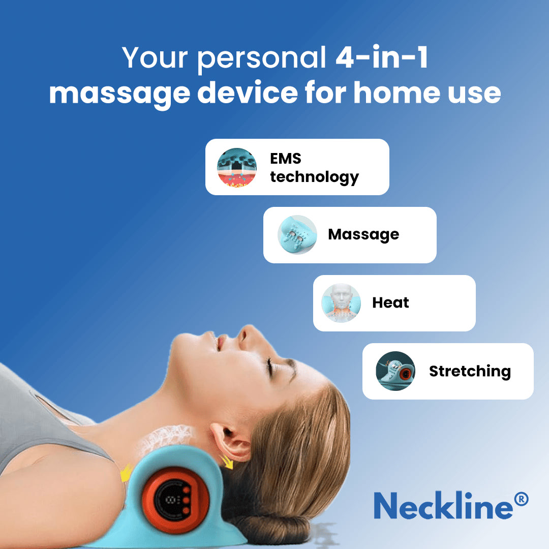Woman lying back with the Neckline device under her neck — EMS, massage, heat and stretching